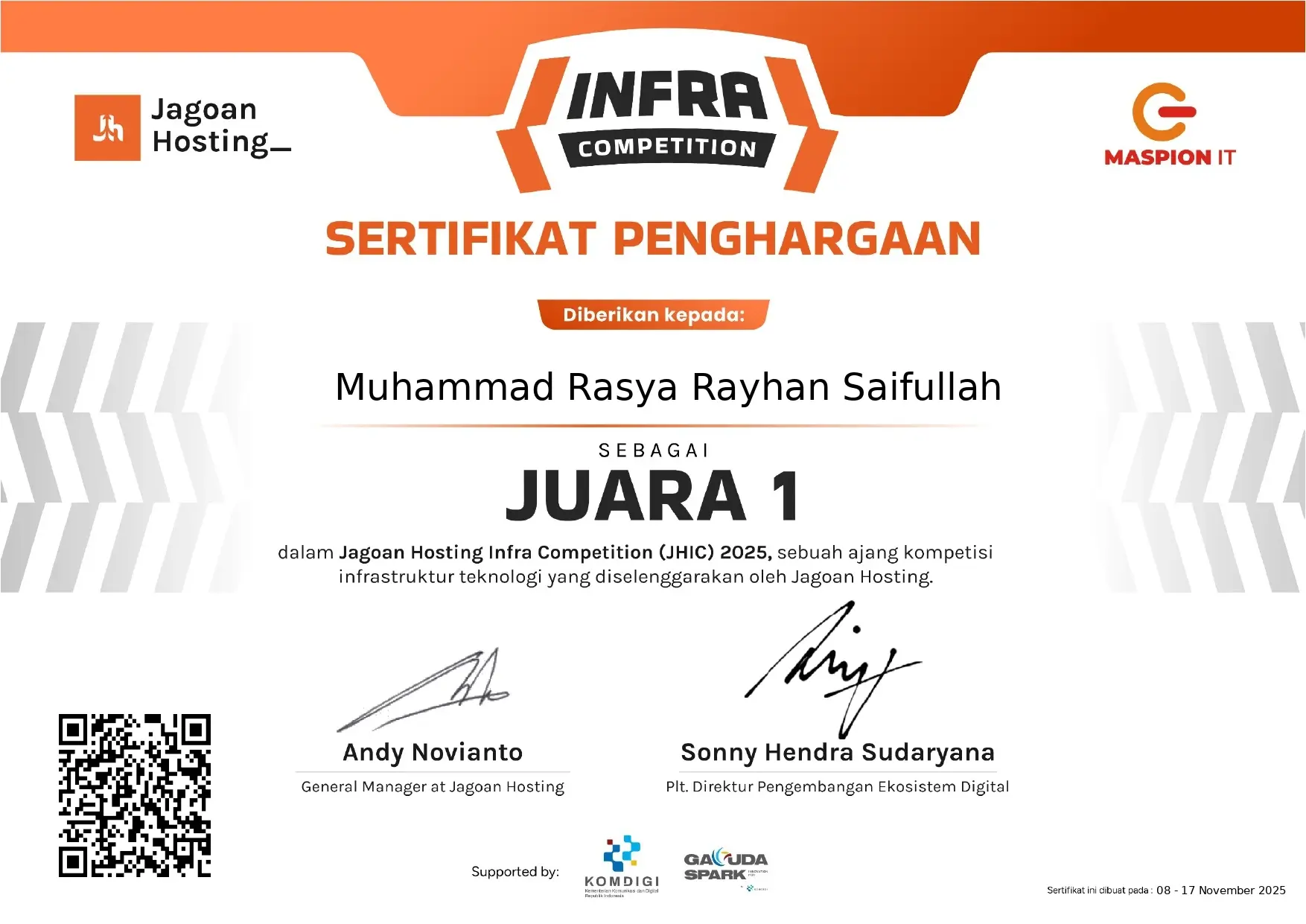 1st Place Certificate